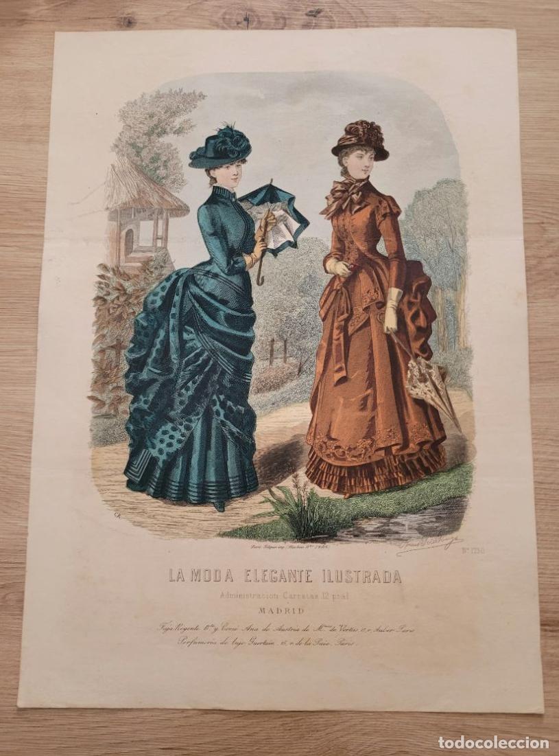 Arte: LAMINA ANTIGUA LA MODA ELEGANTE ILUSTRADA FIGURIN COLOR POLIZON GUERLAIN. 37.5X27cm ESPA&Ntilde;A SPAIN