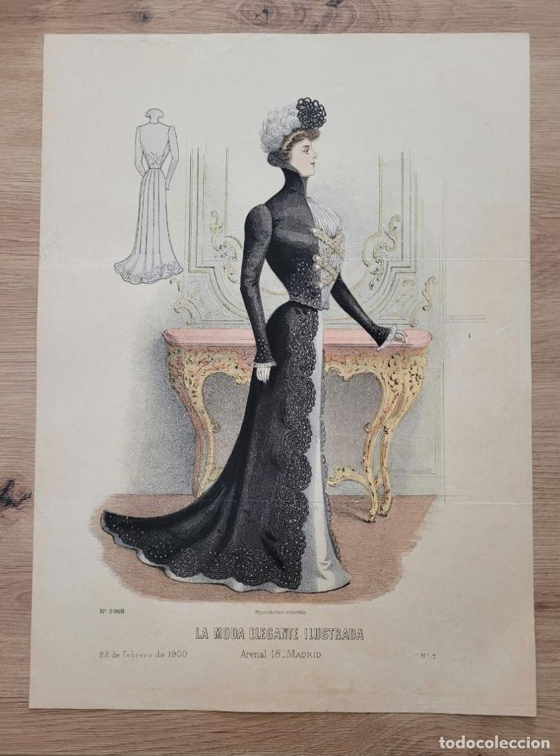Arte: LAMINA ANTIGUA 1900 LA MODA ELEGANTE ILUSTRADA FIGURIN COLOR BELLE EPOQUE N 7. 37.5X27cm ESPA&Ntilde;A SPAI