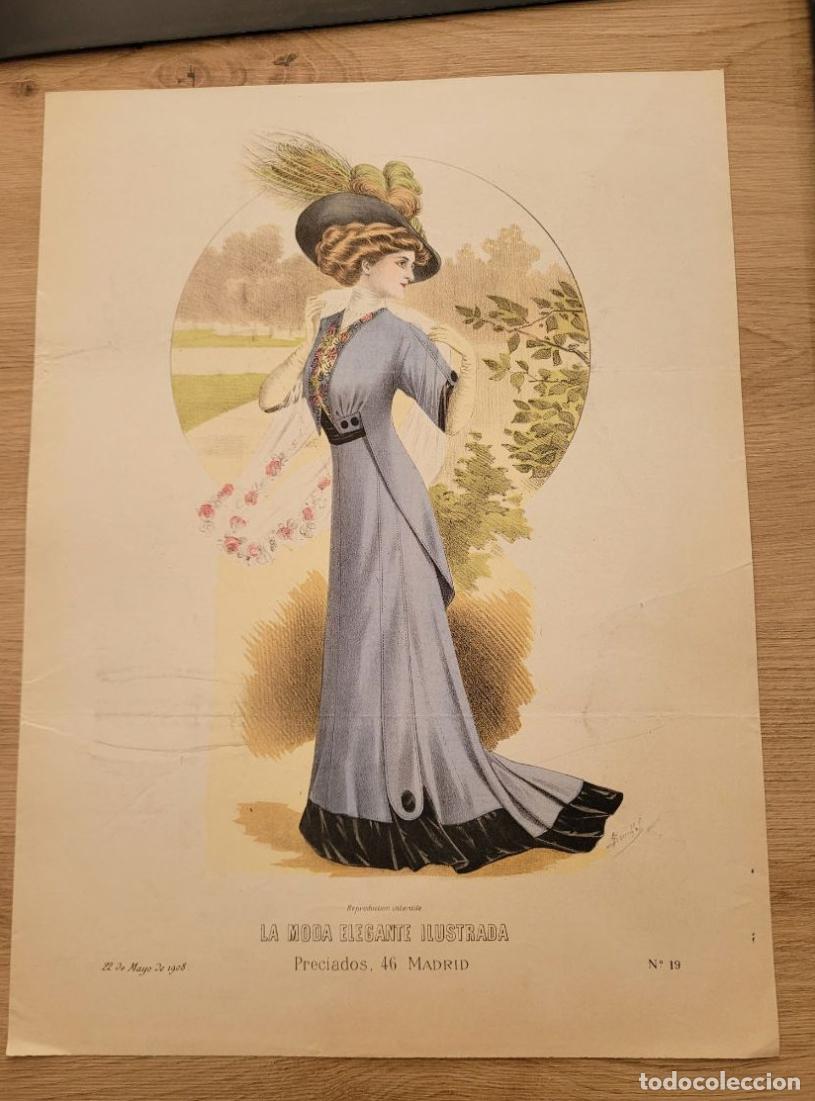 Arte: LAMINA ANTIGUA 1908 LA MODA ELEGANTE ILUSTRADA FIGURIN COLOR N 19 PRECIADOS. 37.5X27cm ESPA&Ntilde;A SPAIN