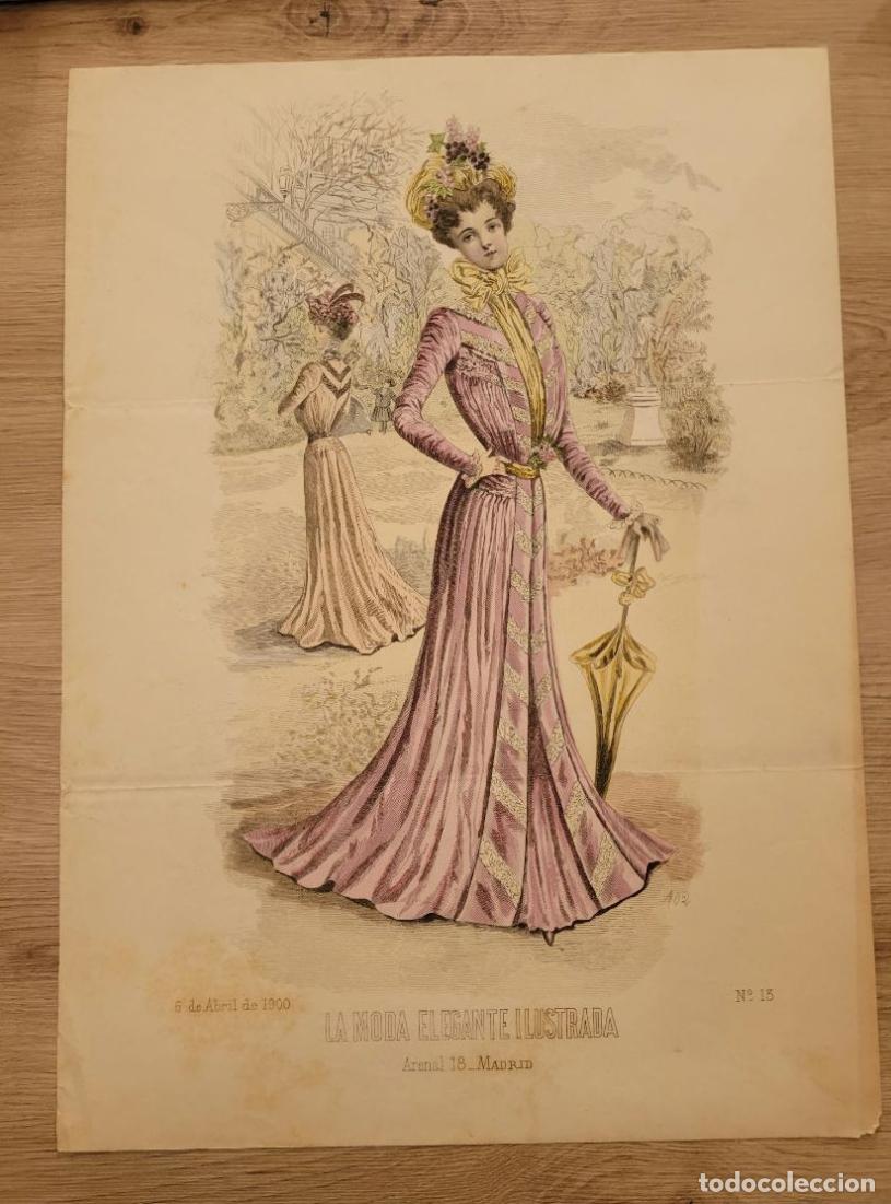 Arte: LAMINA ANTIGUA 1900 LA MODA ELEGANTE ILUSTRADA FIGURIN COLOR N 15 ARENAL. 37.5X27cm ESPA&Ntilde;A SPAIN