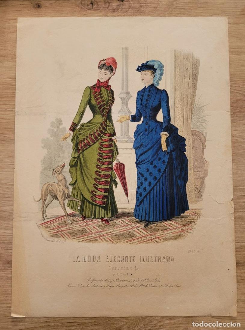 Arte: LAMINA ANTIGUA 1880 LA MODA ELEGANTE ILUSTRADA FIGURIN COLOR N 1719 PERRO GALGO. 37.5X27cm ESPA&Ntilde;A SP