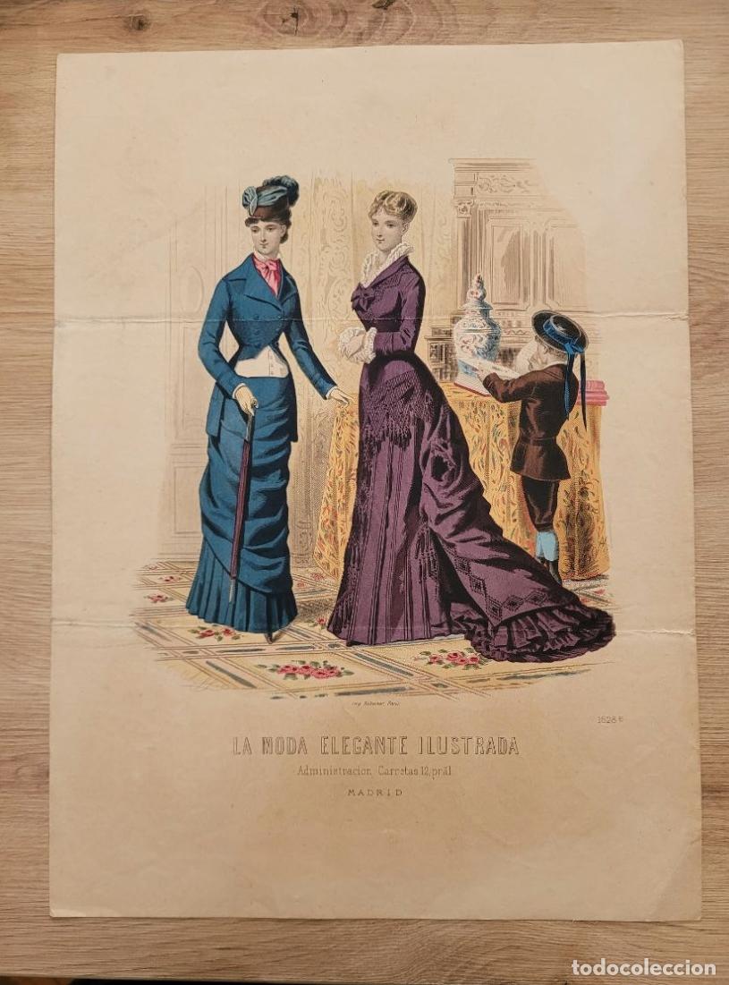 Arte: LAMINA ANTIGUA 1880 LA MODA ELEGANTE ILUSTRADA FIGURIN COLOR N 1628 B POLIZON. 37.5X27cm ESPA&Ntilde;A SPAI