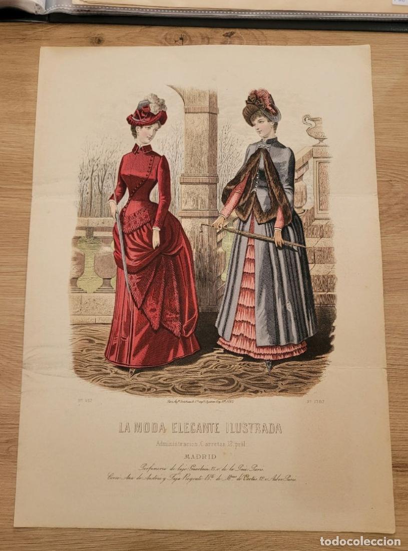Arte: LAMINA ANTIGUA 1880 LA MODA ELEGANTE ILUSTRADA FIGURIN COLOR N 1287 VESTIDO ROJO. 37.5X27cm ESPA&Ntilde;A S