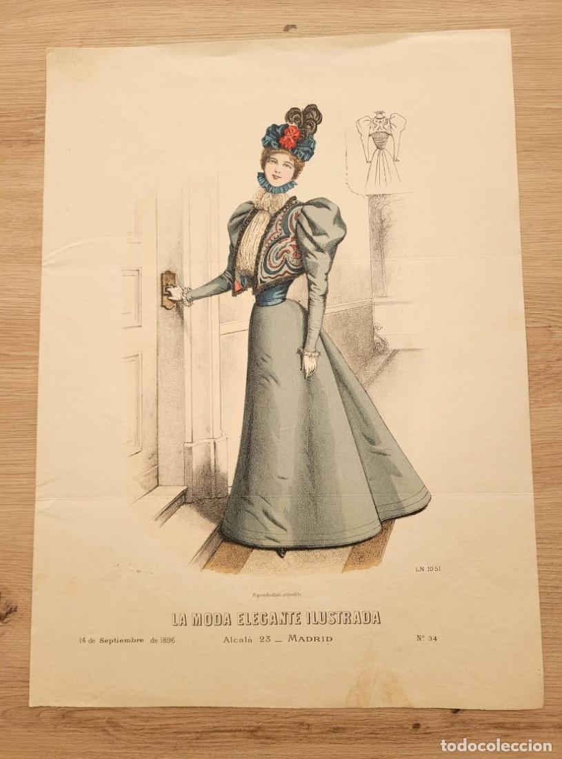 Arte: LAMINA ANTIGUA 1896 LA MODA ELEGANTE ILUSTRADA FIGURIN COLOR N 34 ALCALA CROQUIS. 37.5X27cm ESPA&Ntilde;A S