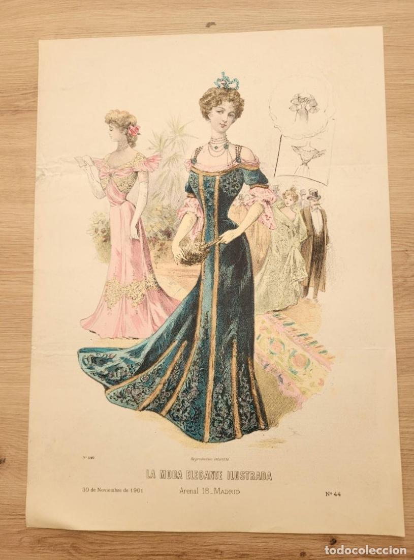 Arte: LAMINA ANTIGUA 1901 LA MODA ELEGANTE ILUSTRADA FIGURIN N 44 ARENAL GALA. 37.5X27cm ESPA&Ntilde;A SPAIN