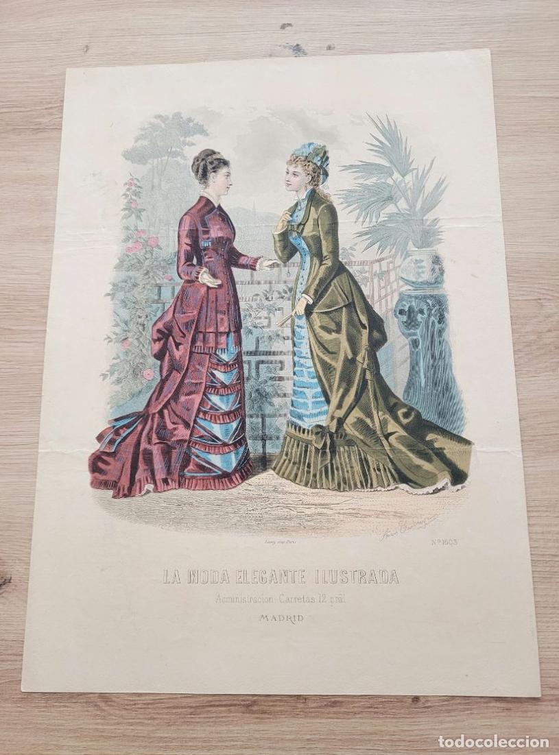 Arte: LAMINA ANTIGUA 1880 LA MODA ELEGANTE ILUSTRADA FIGURIN COLOR N 1608 POLIZON. 37.5X27cm ESPA&Ntilde;A SPAIN
