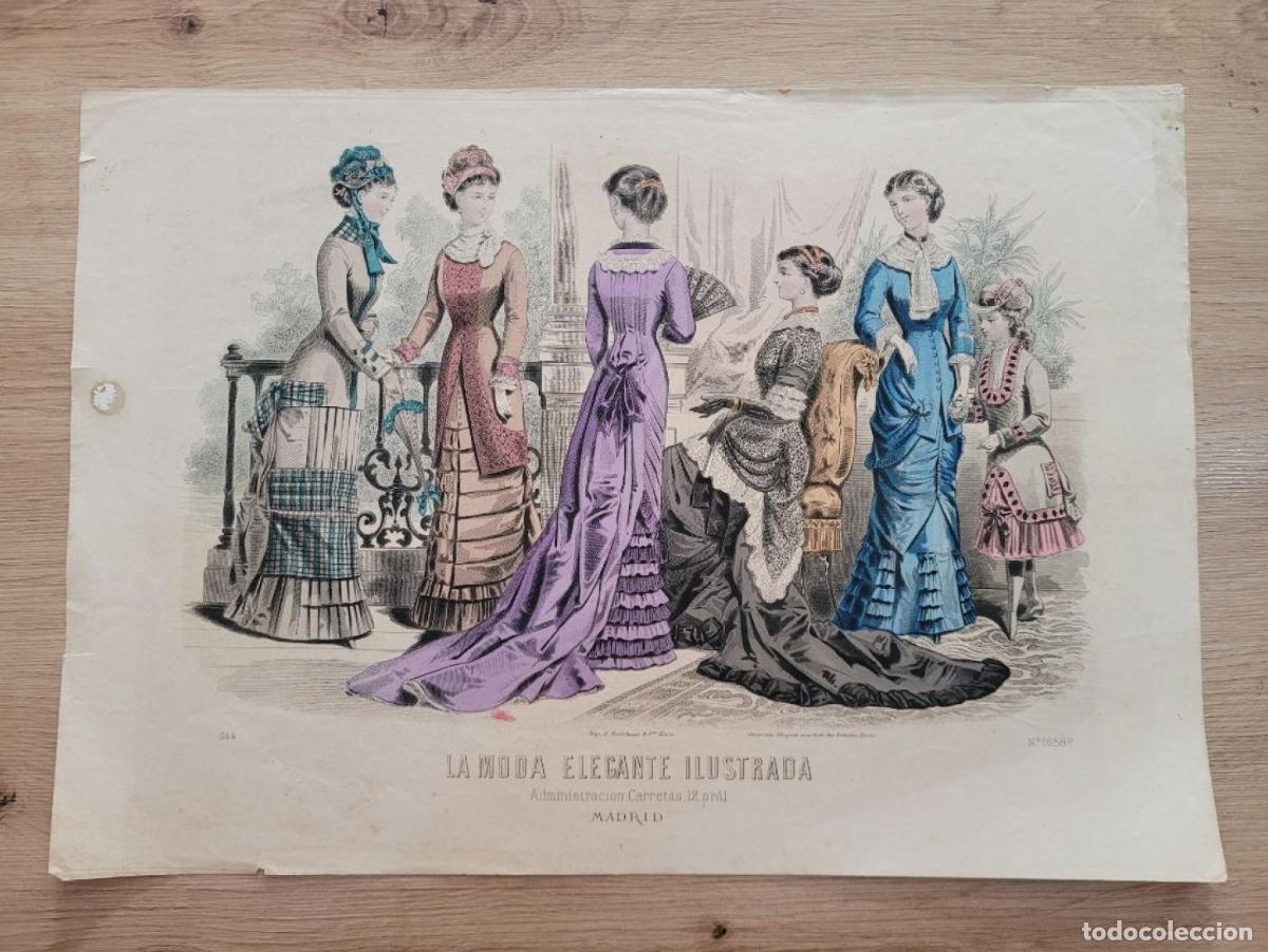 Arte: LAMINA ANTIGUA 1880 LA MODA ELEGANTE ILUSTRADA FIGURIN COLOR GRUPO N 1638. 37.5X27cm ESPA&Ntilde;A SPAIN