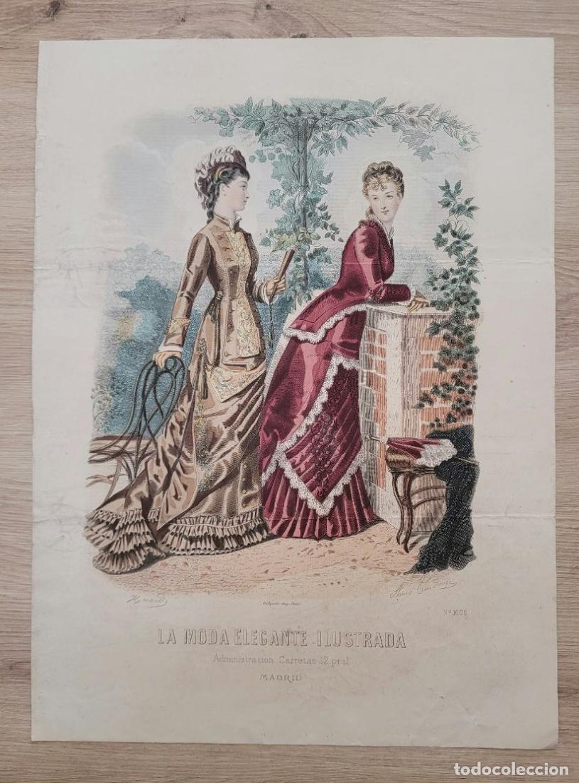 Arte: LAMINA ANTIGUA 1880 LA MODA ELEGANTE ILUSTRADA FIGURIN COLOR N 1606 FUSTA. 37.5X27cm ESPA&Ntilde;A SPAIN