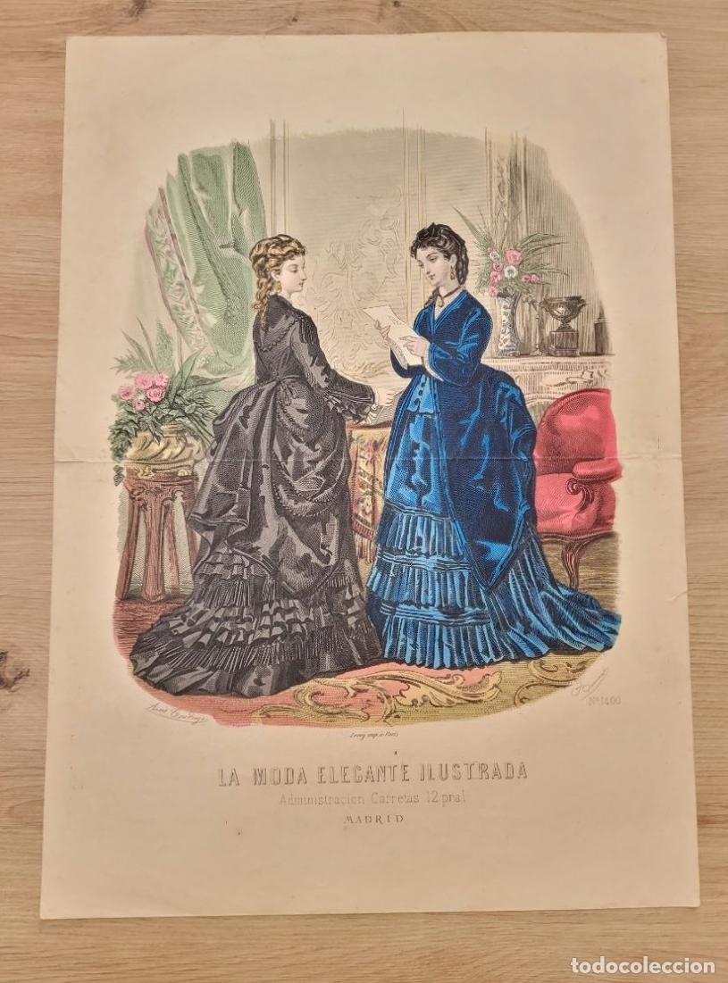 Arte: LAMINA ANTIGUA 1880 LA MODA ELEGANTE ILUSTRADA FIGURIN COLOR N 1490 LEYENDO CARTA 37.5X27cm ESPA&Ntilde;A S