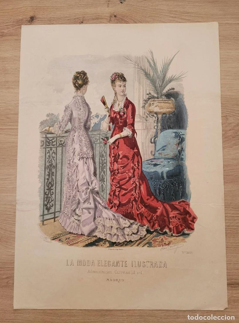 Arte: LAMINA ANTIGUA 1880 LA MODA ELEGANTE ILUSTRADA FIGURIN COLOR N 1605 VESTIDO ROJO 37.5X27cm ESPA&Ntilde;A SP
