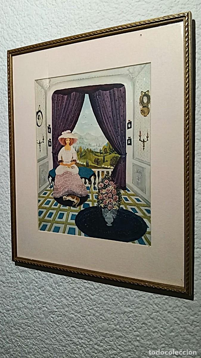 Arte: Cuadro L&aacute;mina Modernista con Cristal - Se&ntilde;ora con Gato (C.1970). Paspart&uacute; Salm&oacute;n Galer&iacute;as Costa.