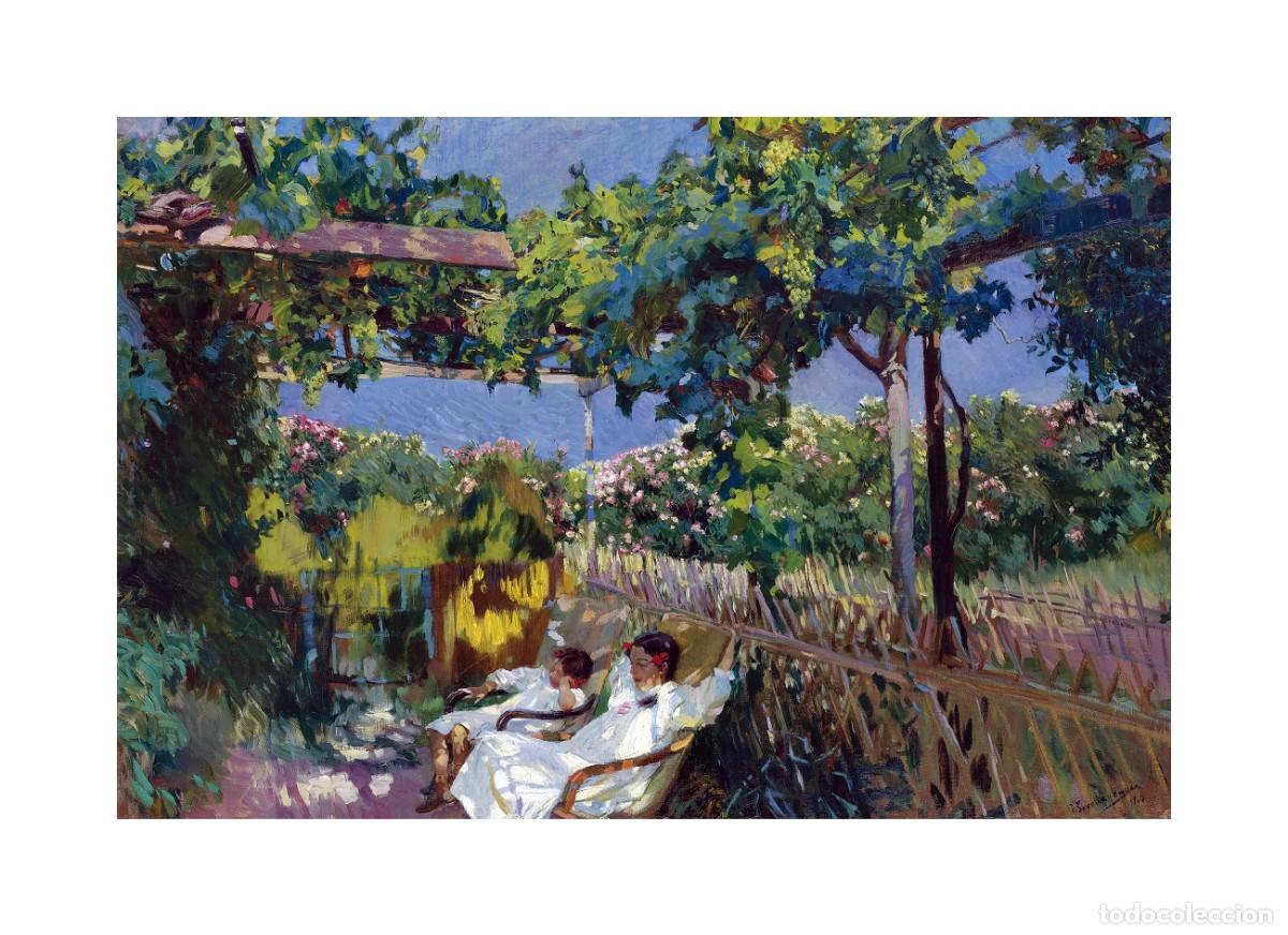 Arte: L&aacute;mina (44 x 32 cm) del cuadro La Siesta en el Jard&iacute;n, de Joaqu&iacute;n Sorolla. Tema: Pintura, Arte.