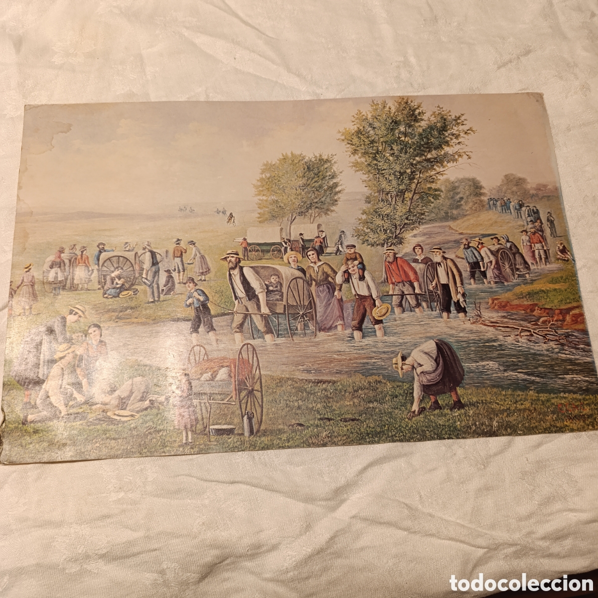 Arte: L&aacute;mina Antigua - Pioneros Americanos Cruzando R&iacute;o (Mormon Pioneers 1856),43 x 28 cm
