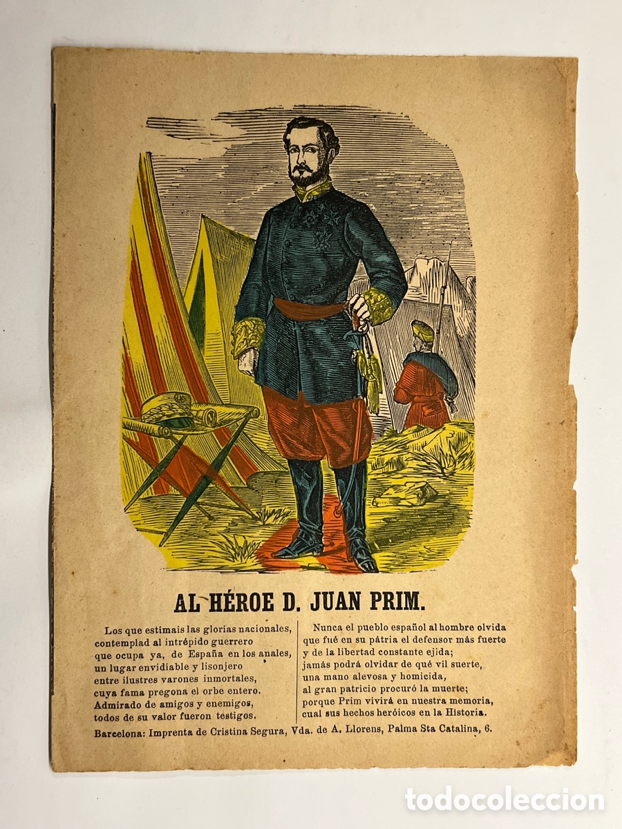 Arte: AL H&Eacute;ROE D. JUAN PRIM, CONDE DE REUS, doble hoja Homenaje y atentado crimen a&ntilde;o 1870