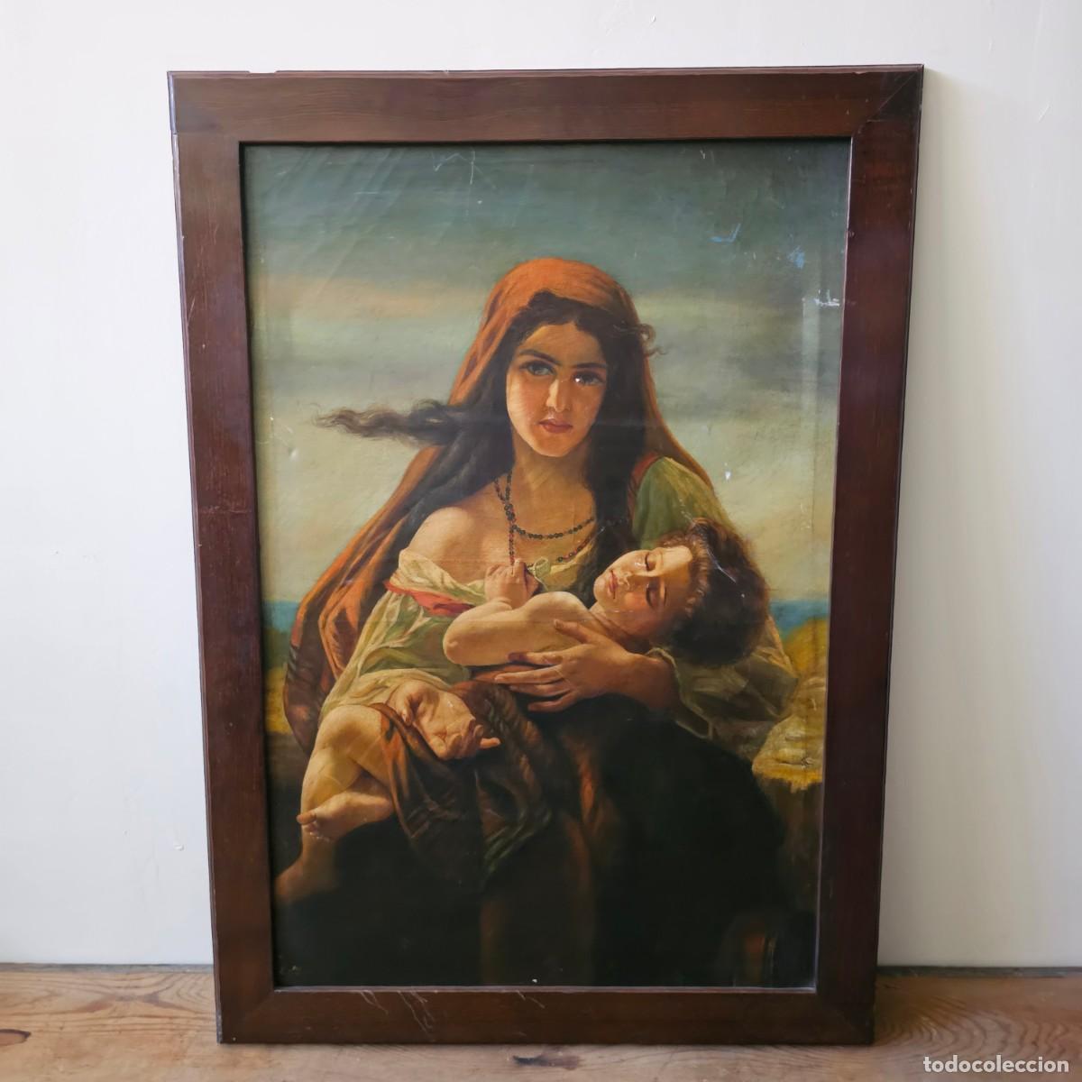 Arte: Cuadro muy grande. Antigua Oleograf&iacute;a Enmarcada &ndash; La Madre Gitana (Hugues Merle) &ndash; E. Agner