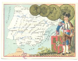 Arte: Cromo litograf&iacute;a  .. Torero mapa Espa&ntilde;a y monedas Espa&ntilde;olas - Foto 1