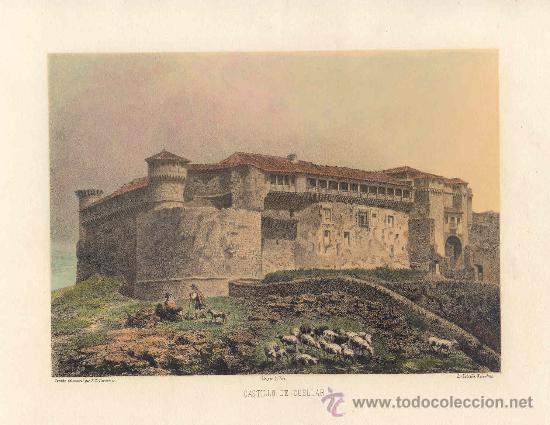Arte: Castillo de Cu&eacute;llar, Segovia - Litograf&iacute;a original Parcerisa coloreada