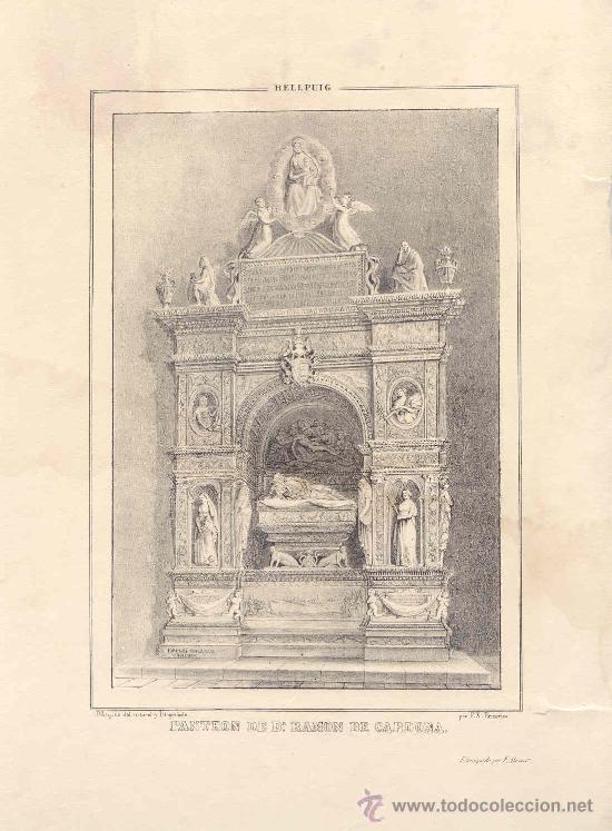 Arte: Sepulcro de Ram&oacute;n Folch de Cardona, Bellpuig - Litograf&iacute;a Parcerisa s. XIX