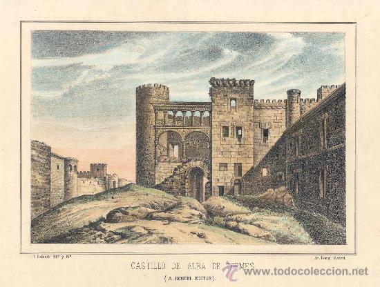 Arte: Castillo de Alba de Tormes, Salamanca - Litograf&iacute;a original coloreada s. XIX