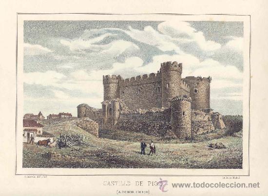 Art: Castillo de Pioz, Guadalajara - Litograf&iacute;a original coloreada s. XIX