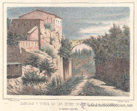 Arte: Torres de los Reyes Cat&oacute;licos, Alhambra - Litograf&iacute;a original s. XIX