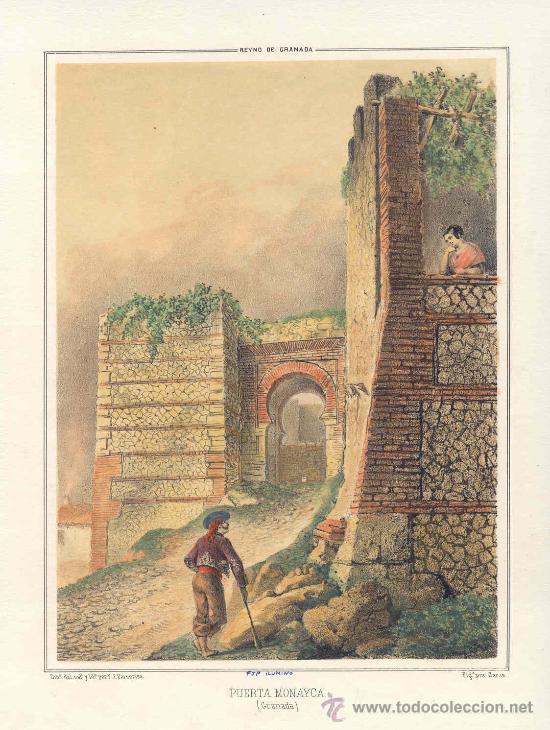 Art: Puerta Monaita, Granada - Litograf&iacute;a original de Parcerisa, s. XIX
