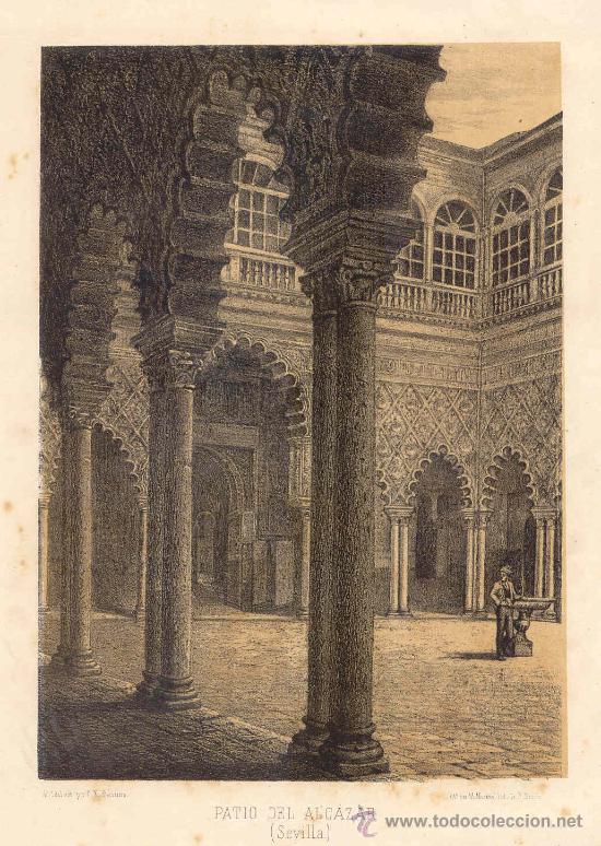 Kunst: Patio del Alc&aacute;zar de Sevilla - Litograf&iacute;a original de Parcerisa, s. XIX