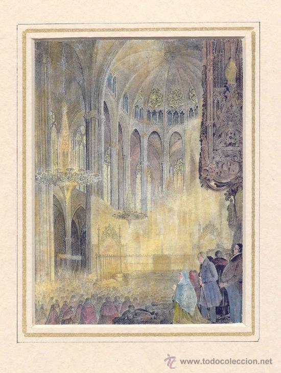 Arte: Interior de la Catedral de Barcelona - Litograf&iacute;a original Parcerisa s. XIX