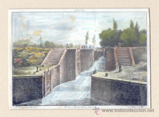 Arte: Esclusas del Canal Imperial de Arag&oacute;n - Litograf&iacute;a original coloreada s. XIX