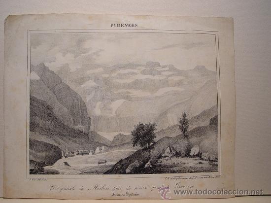 Art: El Marbor&eacute; desde el puente de Gavarnie, Pirineos - Litograf&iacute;a original 1828