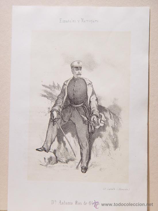 Arte: Antonio Ros de Olano, militar y escritor - Litograf&iacute;a original s. XIX