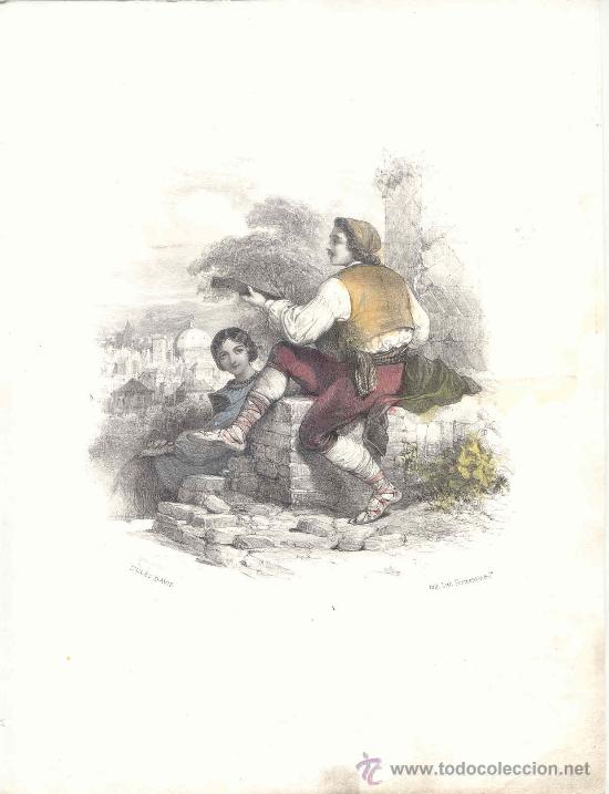 Art: Pareja de j&oacute;venes - Litograf&iacute;a original coloreada - Jules David s. XIX