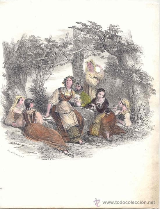 Arte: Reuni&oacute;n de j&oacute;venes campesinas - Litograf&iacute;a original coloreada a mano s. XIX