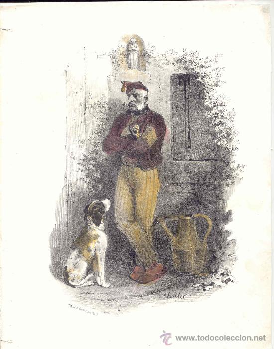 Art: Aldeano con su perro - Litograf&iacute;a original coloreada - N.T. Charlet s. XIX