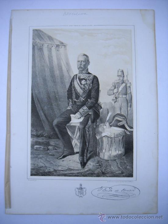 Arte: LITOGRAFIA DEL TENIENTE GENERAL SERAFIN M&ordf; DE SOTO BARCELONA 1852 31X43 JUNTO CON 2 PAGINAS DE TEXTO