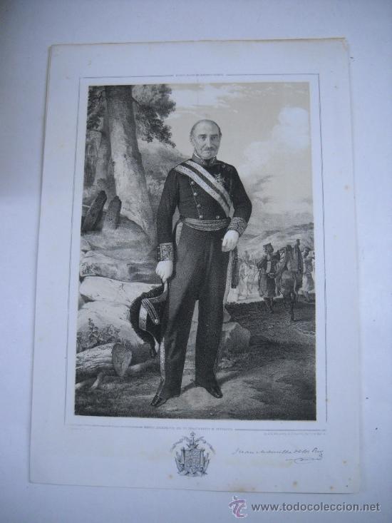 Art: LITOGRAFIA DEL TENIENTE GENERAL JUAN MANTILLA DE LOS RIOS(REINOSA) + 2P. CON LA BIOGRAFIA.1856.