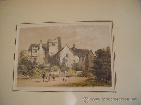 Arte: Throwley Hall, Staffordshire - Litograf&iacute;a original coloreada - 1858