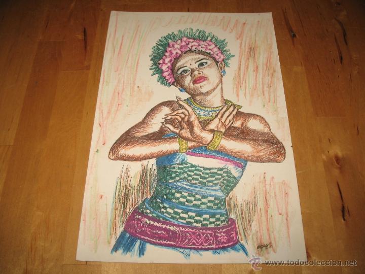 Arte: OBRA DE ARTE LITOGRAF&Iacute;A MUJER DE UNA TRIBU BAILANDO BAILE DANZA DIBUJO TRABAJADO A COLOR