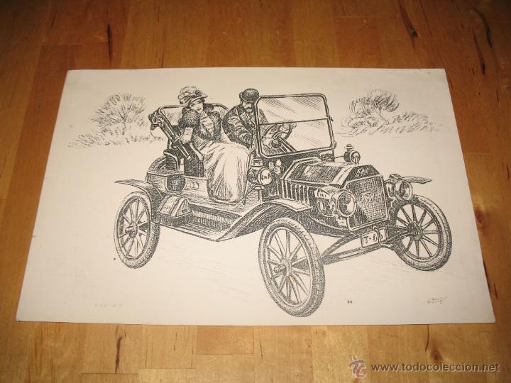 Arte: OBRA DE ARTE LITOGRAF&Iacute;A PAREJA HOMBRE MUJER MONTADO EN COCHE ANTIGUO DIBUJO SIN USO NO TRABAJADO
