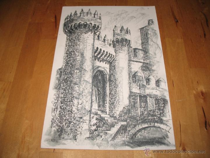 Arte: OBRA DE ARTE LITOGRAF&Iacute;A ENTRADA DE CASTILLO POSIBLEMENTE TEMPLARIO ESPA&Ntilde;A DIBUJO EN BLANCO Y NEGRO