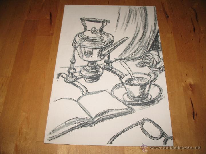 Arte: OBRA DE ARTE LITOGRAF&Iacute;A LA HORA DEL T&Eacute; MESA ESTUDIO INFUSI&Oacute;N GAFAS DIBUJO TRABAJADO BLANCO Y NEGRO