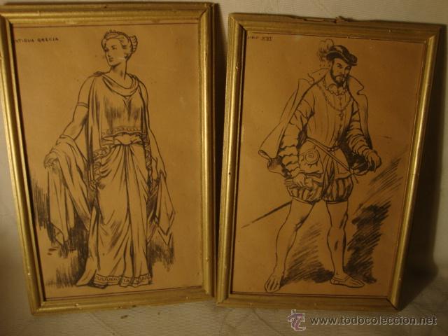 Kunst: ANTIGUO CUADRO LITOGRAFIAS ANTIGUOS TRAJES DE EPOCA ENMARCADO DE EPOCA.