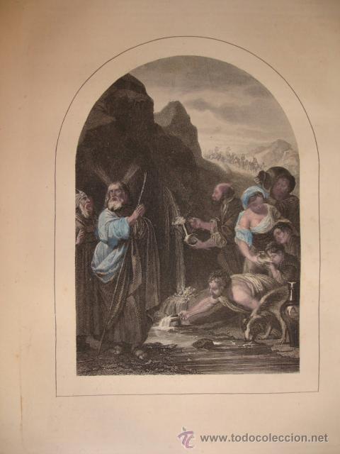 Arte: MOISES HACE SALIR AGUA DE LA PIEDRA DE HOREB.ESCENA BIBLICA.10X14.A&Ntilde;O 1886