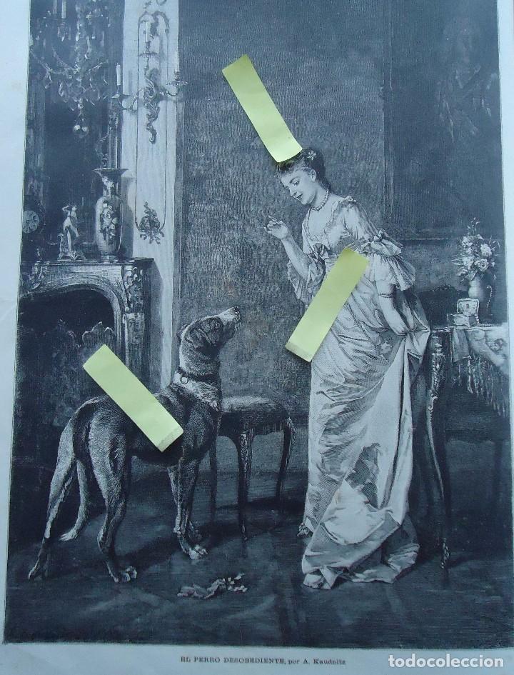 Arte: litografia vintage arte dibujo ilustracion artistica 1882 perro desobediente se&ntilde;ora vestido clasico