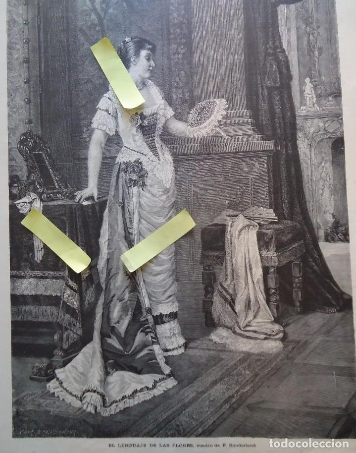 Arte: litografia vintage arte dibujo ilustracion artistica 1882 se&ntilde;orita vestido epoca manojo flores ramo