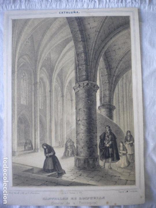 Art: ANTIGUA LITOGRAFIA DE PARCERISA, CASTELLO DE EMPURIES, INTERIOR DE LA PARROQUIA 1840'S.