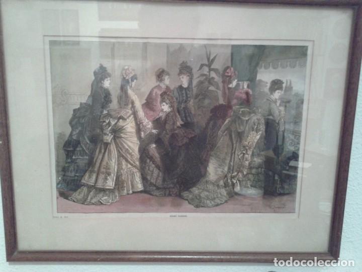 Arte: LITOGRAFIA ENMARCADA A COLOR CON FECHA DE 1873 GRUPO DE MUJERES DE EPOCA.