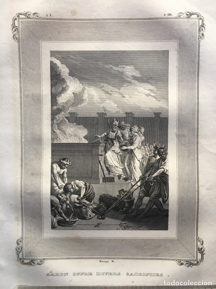 Arte: LITOGRAF&Iacute;A FRANC. FINAL S. XIX. AARON OFFRE DIVERS SACRIFICES. ROUARGUE. Sc. Medidas 14,5 x 19 cm.