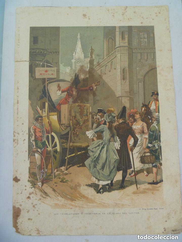 Arte: LAMINA DE FINALES DEL XIX CON LITOGRAFIA : LOS CHARLATANES Y TITIRITEROS EN PLAZA DEL LOUVRE