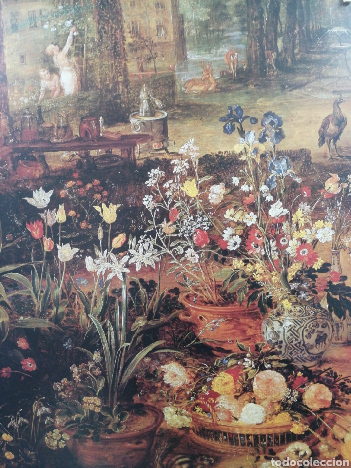 Arte: BRUEGHEL: Bodeg&oacute;n CL&Aacute;SICO FLAMENCO. Lamina Antigua. Jard&iacute;n con flores. 80x60 cm
